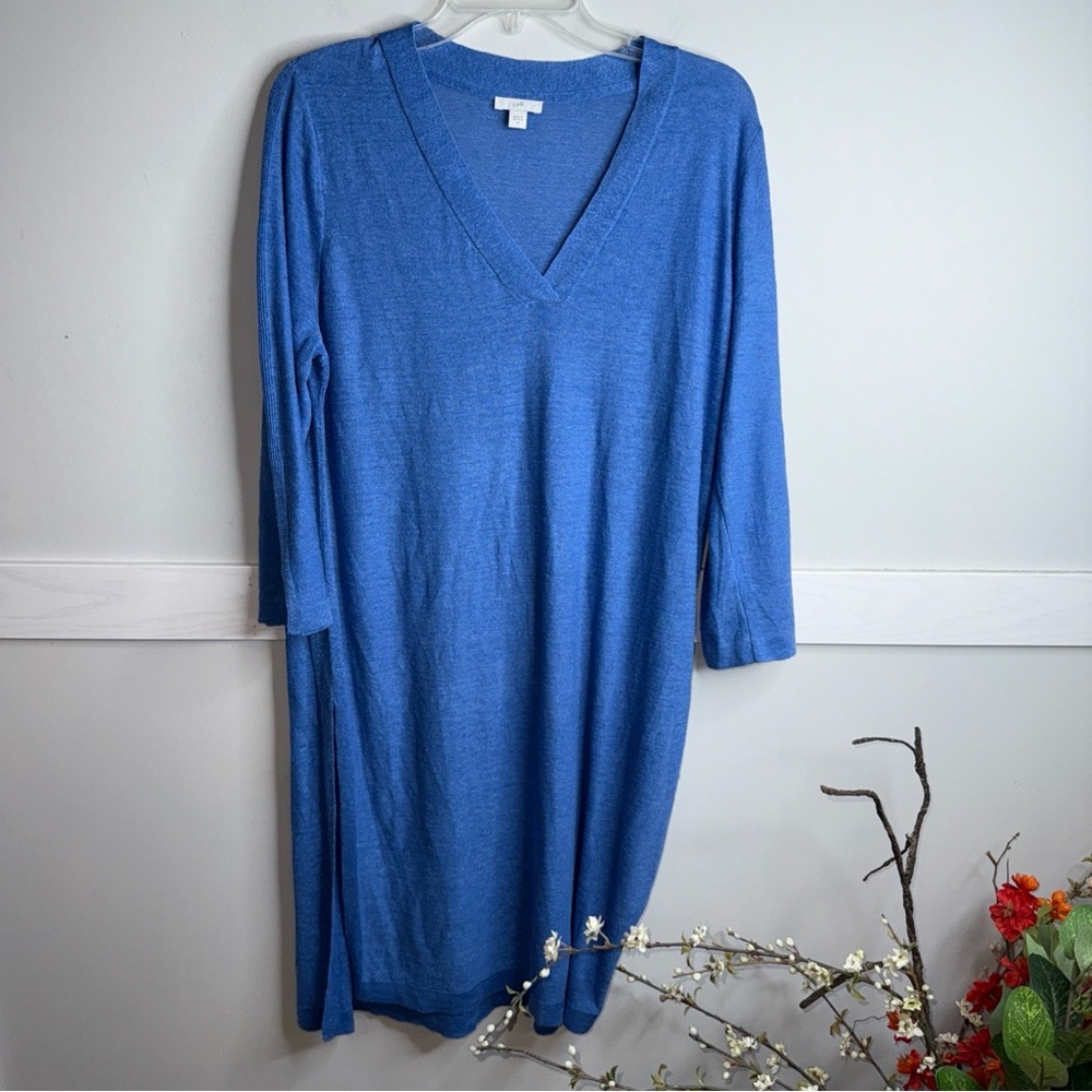 J. Jill Long Sleeve Blue V-Neck Linen Blend Dress